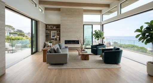 A high-end modern living room with natural light, oak floors, and calm coastal interiors.
